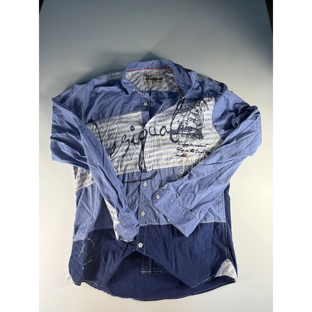 Desigual Men's Blue Patchwork Nautical Graphic Long Sleeve Button Down Shirt L